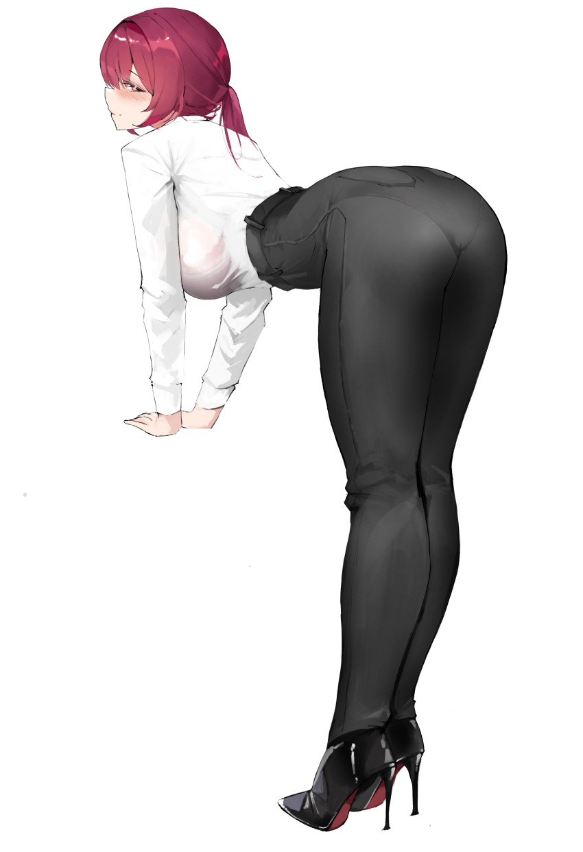 1girl, absurdres, ass, bent_over, black_pants, boots, bra_visible_through_clothes, breasts