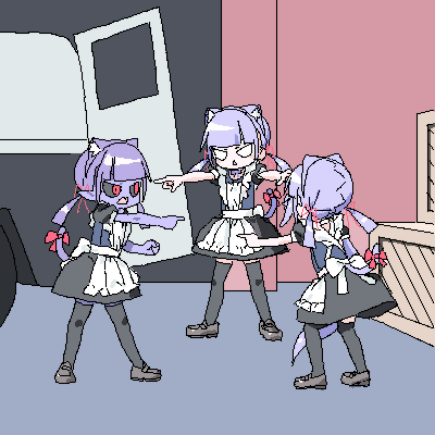 3girls, animal_ears, apron, black_dress, black_skirt, black_thighhighs, blank_eyes, blunt_bangs, box, cat_ears, cat_girl, cat_tail, clenched_hand, colored_skin, dark_lokulo-chan, dress, lokulo-chan_(lokulo_no_mawashimono), lokulo_no_fukakimono, lokulo_no_mawashimono, lowres, maid_apron, marvel, meme, motor_vehicle, multiple_girls, oekaki, original, parody, pointing_spider-man_(meme), purple_hair, purple_skin, red_eyes, short_dress, skirt, spider-man_(series), tail, tentacles, thighhighs, twintails, van