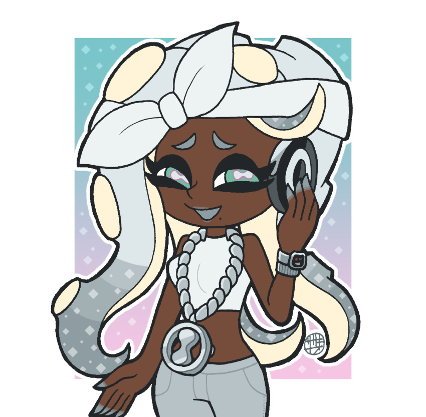 1girl, border, colored_extremities, cowboy_shot, crop_top, dark-skinned_female, dark_skin, eyelashes, green_eyes, grey_hair, grey_pants, headphones, marina_(dj_hyperfresh)_(splatoon), marina_(splatoon), midriff, mole, mole_under_mouth, nintendo, octoling, pants, sasakinao, shirt, sleeveless, sleeveless_shirt, solo, splatoon_(series), splatoon_2, tentacle_hair, white_border, white_shirt