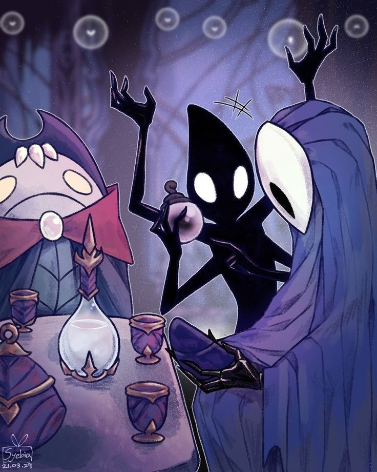 3boys, collector_(hollow_knight), drinking, hollow_knight, layer, lurien_(hollow_knight), multiple_boys, sitting