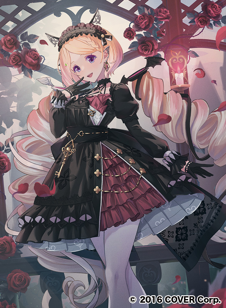 1girl, aki_rosenthal, aki_rosenthal_(gothic_lolita), balcony, black_dress, black_gloves, blonde_hair, braid