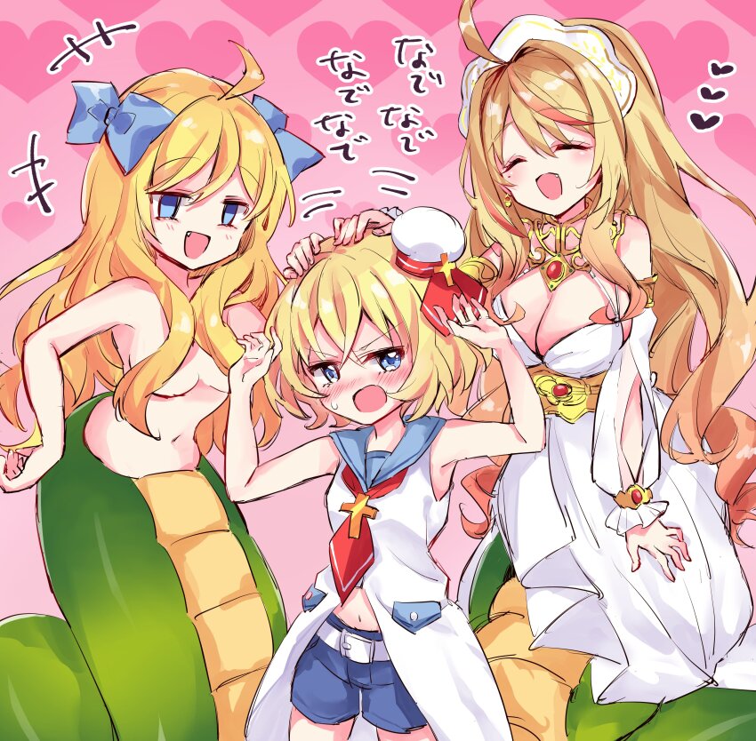 3girls, ^_^, absurdres, ahoge, blonde_hair, blue_eyes, blush, bow