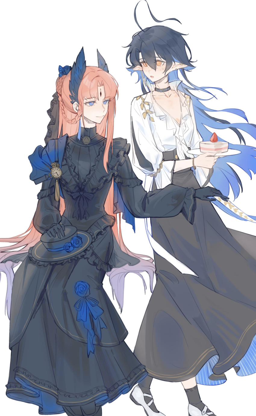 2girls, absurdres, adapted_costume, arknights, bieshi, black_dress, black_hair, black_hat