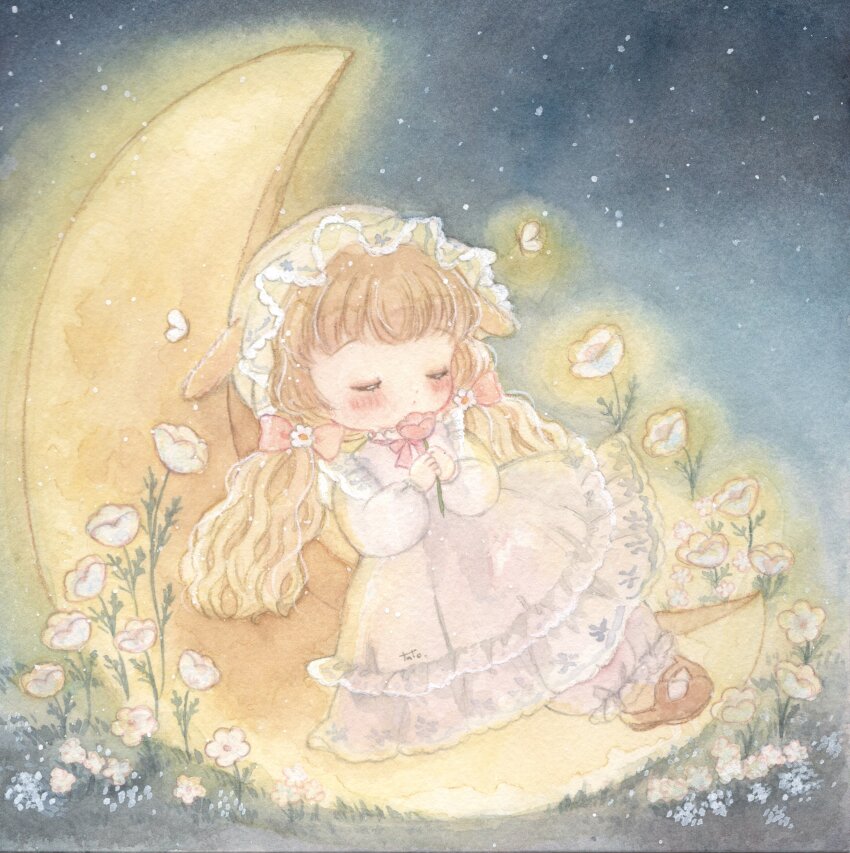 1girl, absurdres, animal_ears, blonde_hair, blush, bow, brown_shoes, bug