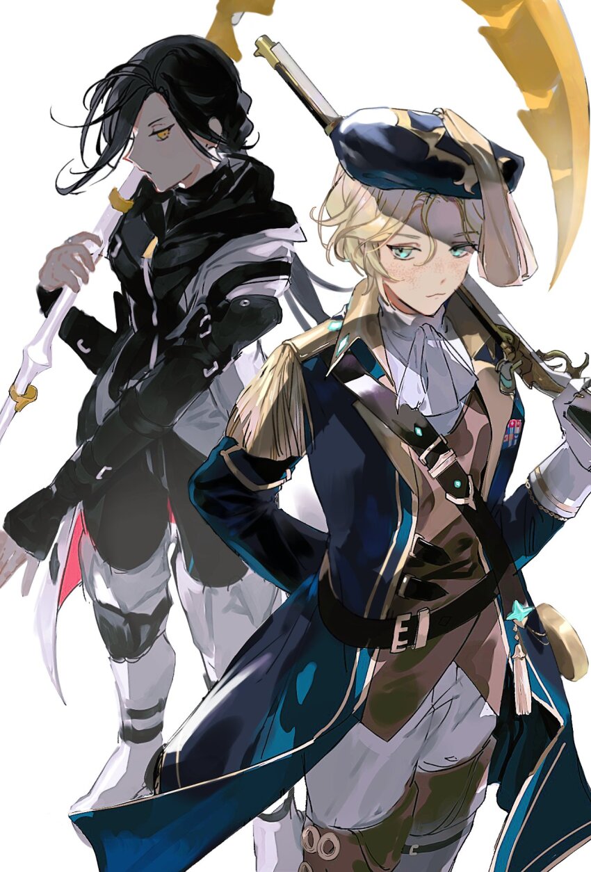 2girls, alev_valcarios, alev_valcarios_(light), ascot, belt, bianca_devicci_(water), blonde_hair, blue_coat, blue_eyes, boots, brown_vest, coat, collared_coat, commentary_request, epaulettes, gloves, gun, hair_between_eyes, hat, highres, holding, holding_gun, holding_scythe, holding_weapon, korean_commentary, loh_tion, long_sleeves, looking_at_viewer, lord_of_heroes, multiple_girls, ponytail, scythe, short_hair, simple_background, thigh_boots, vest, weapon, white_ascot, white_background, white_gloves, yellow_eyes