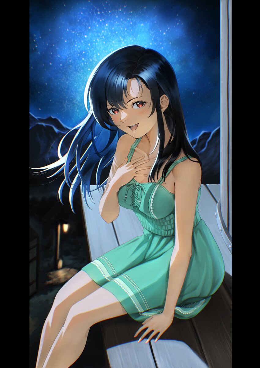 1girl, aged_down, aqua_dress, arm_support, bare_shoulders, black_hair, blurry, blurry_background