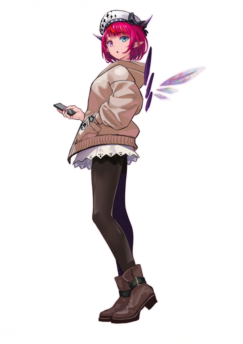 1girl, beret, black_horns, black_pantyhose, black_wings, blue_eyes, boots, brown_boots