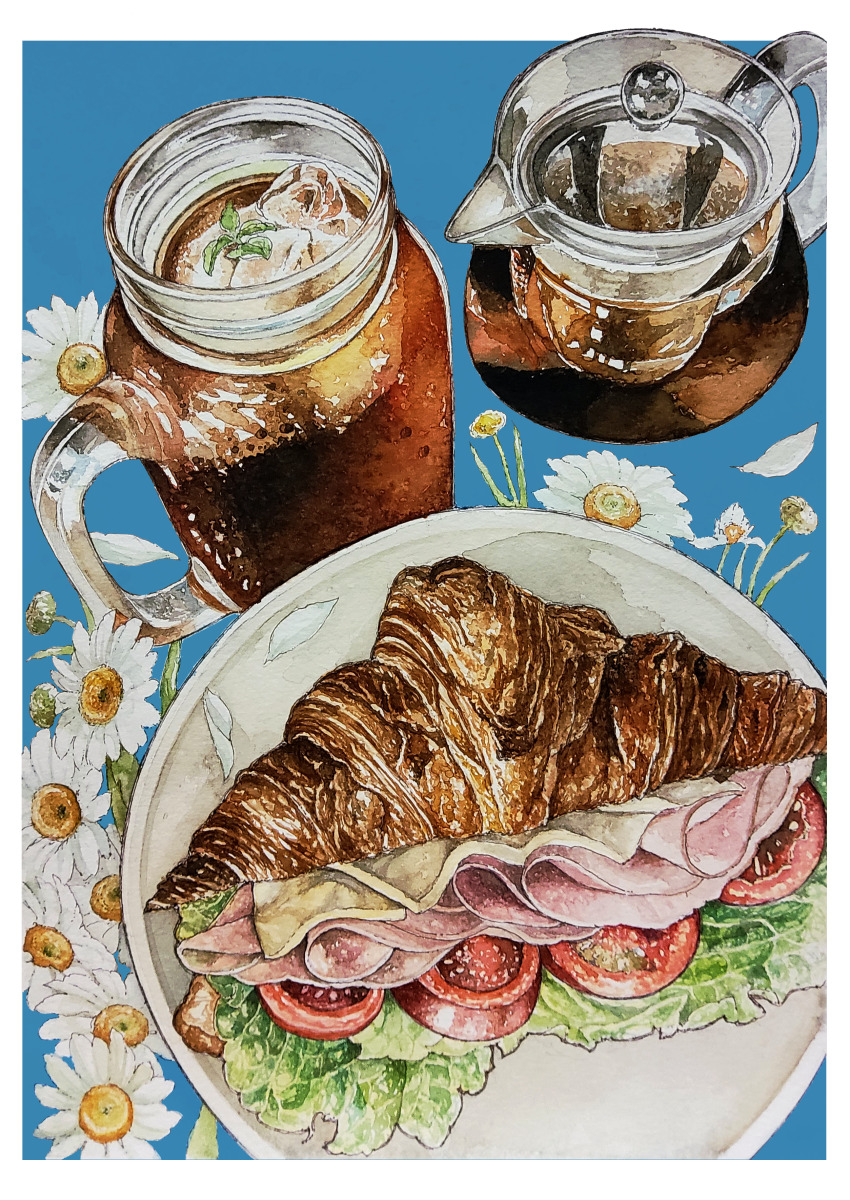 absurdres, blue_background, border, coffee, commentary_request, croissant, drink, flower