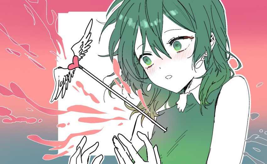 1girl, arrow_(projectile), arrow_through_heart, blood, blood_spray, blue_background, blush, collared_dress