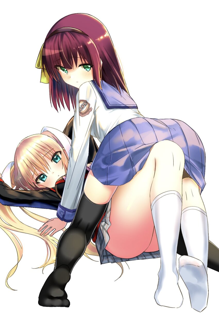 2girls, angel_beats!, ass, black_hairband, black_jacket, black_thighhighs, blonde_hair, blue_sailor_collar, blue_skirt, commentary_request, company_connection, crossover, green_eyes, grey_skirt, hair_ribbon, hairband, highres, jacket, little_busters!, little_busters!_school_uniform, long_hair, long_sleeves, lying, lying_on_person, multiple_girls, nakamura_yuri, no_shoes, pleated_skirt, purple_hair, ribbon, sailor_collar, sakurai_harumi, school_uniform, shinda_sekai_sensen_uniform, shirt, simple_background, skirt, socks, thighhighs, tokido_saya, twintails, very_long_hair, voice_actor_connection, white_background, white_shirt, white_socks, yellow_ribbon, yoanium