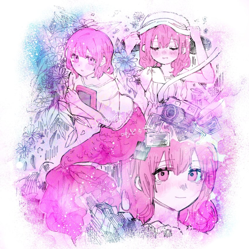 1girl, blush, border, camera, closed_mouth, commentary_request, dress, fading_border