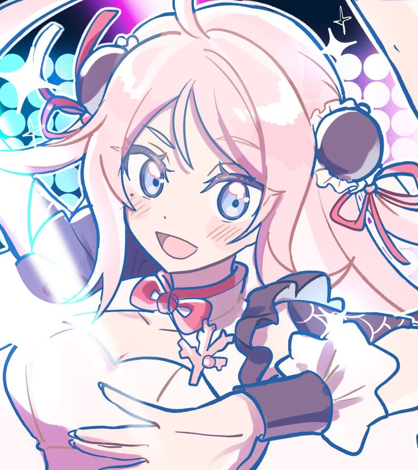 1girl, blue_eyes, blush, breasts, cleavage, double_bun, hair_bun, highres