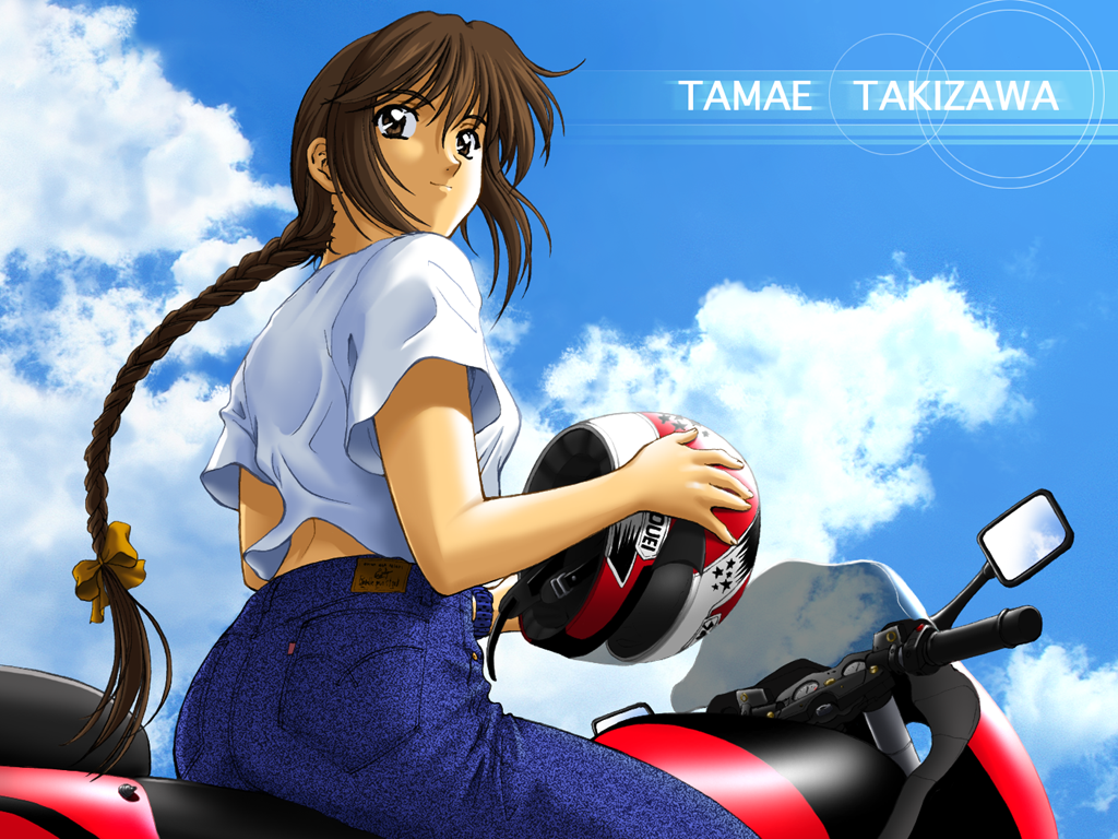 1girl, 2000s_(style), artist_request, ass, blue_pants, blue_sky, bow, braid