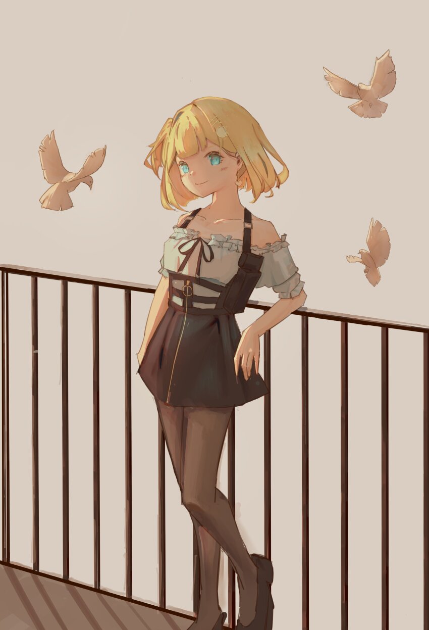 1girl, absurdres, against_railing, bird, black_footwear, black_pantyhose, black_skirt, blonde_hair