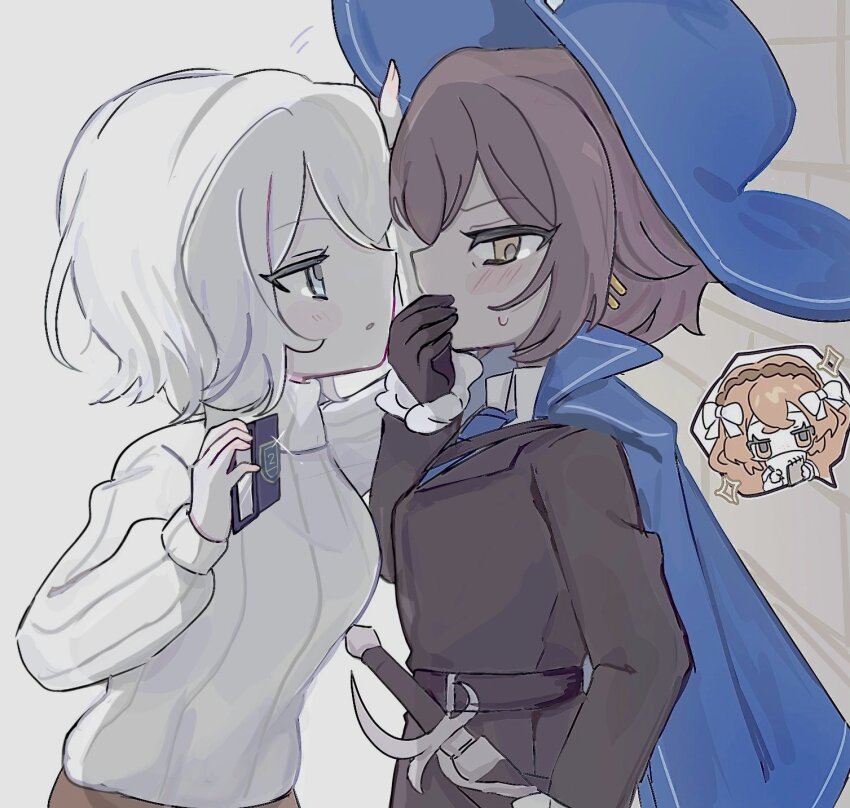 3girls, 9_wapuwapu, black_jacket, blue_eyes, blue_hat, brown_eyes, brown_hair, cavalier_hat