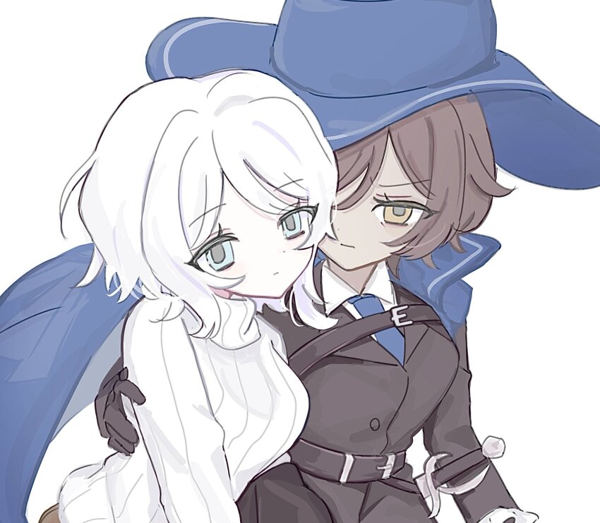 2girls, 9_wapuwapu, black_jacket, blue_eyes, blue_hat, blue_necktie, breasts, brown_eyes