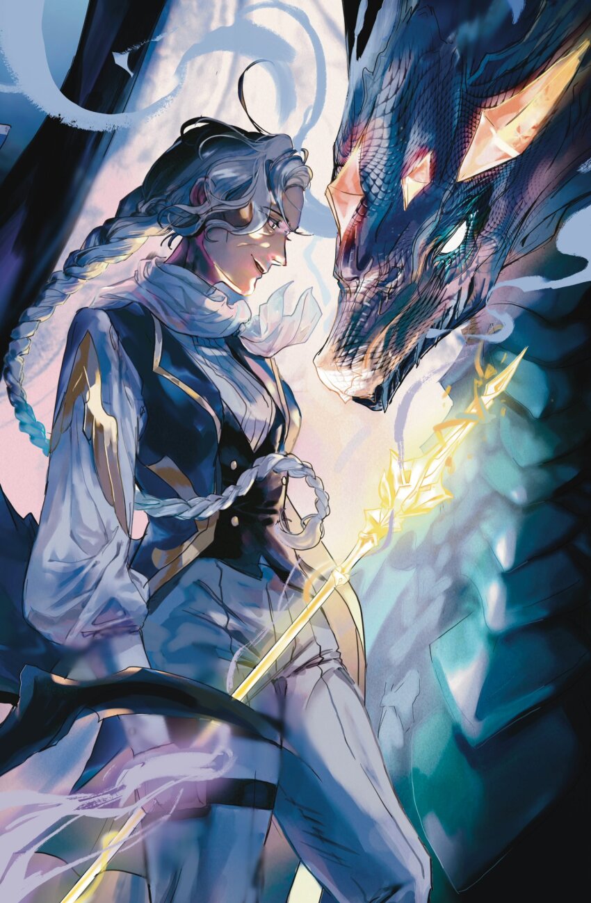 1girl, black_vest, braid, braided_ponytail, commentary_request, cowboy_shot, dragon, floating_hair, helga_schmitt, helga_schmitt_(water), highres, holding, holding_weapon, korean_commentary, loh_tion, lord_of_heroes, pants, profile, scarf, shirt, smile, thigh_strap, vest, weapon, white_hair, white_pants, white_scarf, white_shirt