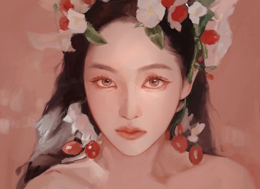 1girl, bare_shoulders, brown_eyes, brown_hair, close-up, closed_mouth, dorcas1004, flower