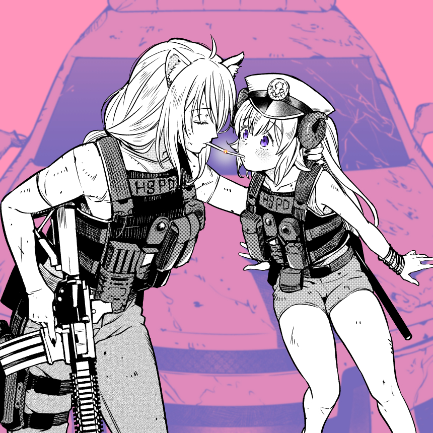 2girls, alternate_costume, animal_ears, blush, car, cigarette, cigarette_kiss, closed_eyes