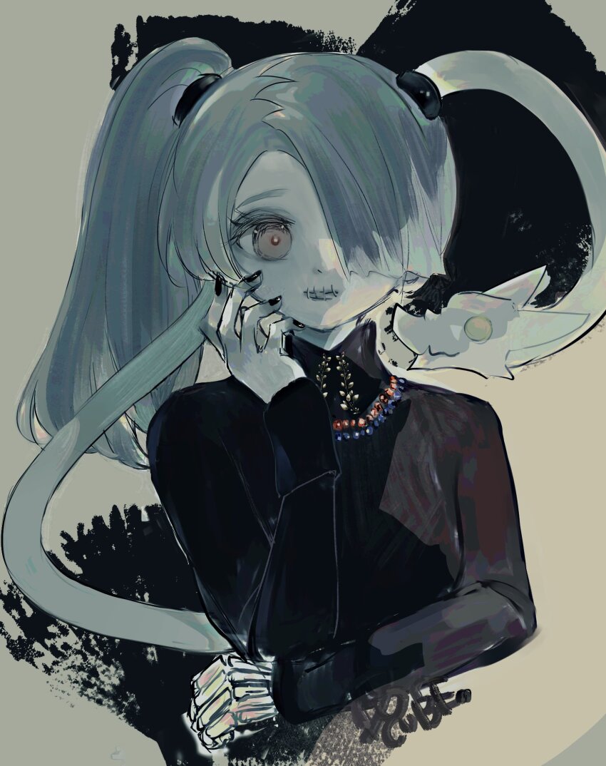 1girl, alternate_costume, black_nails, blue_hair, blue_skin, brown_background, colored_skin, dotcube