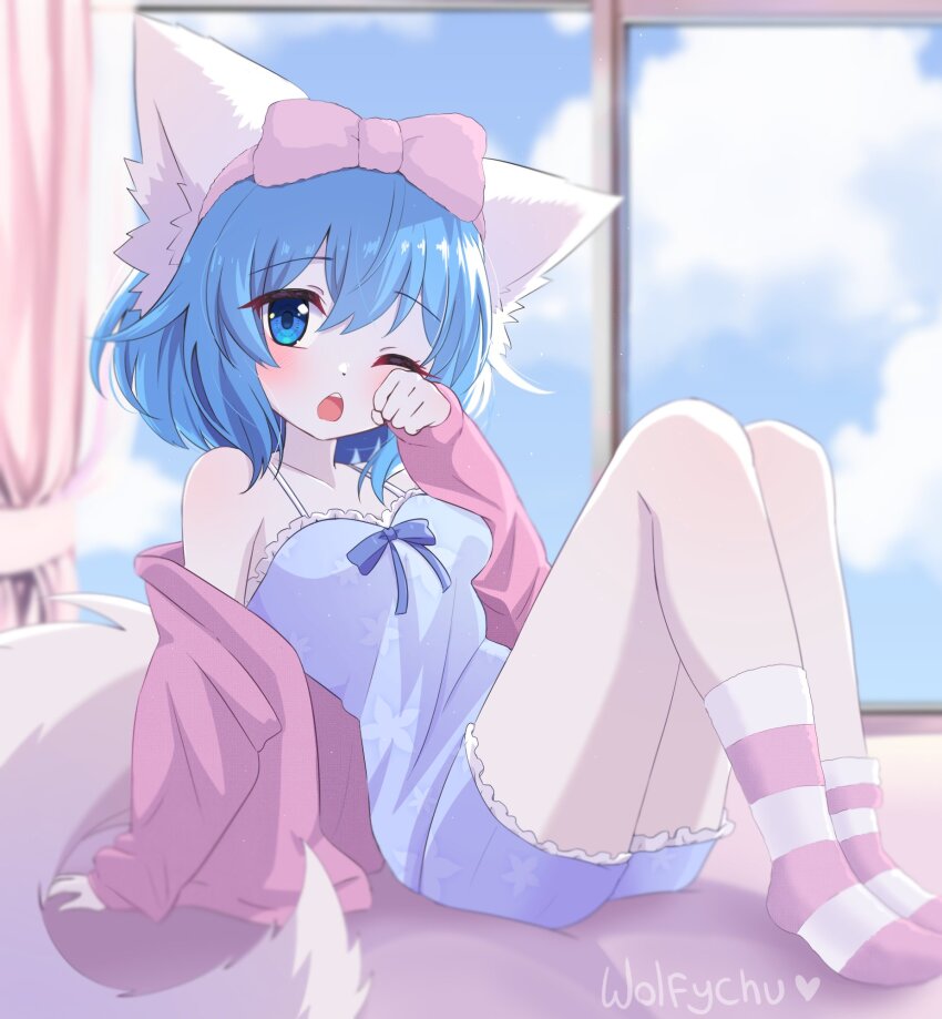 1girl, ;o, animal_ear_fluff, animal_ears, blue_eyes, blue_hair, blue_nightgown, bow