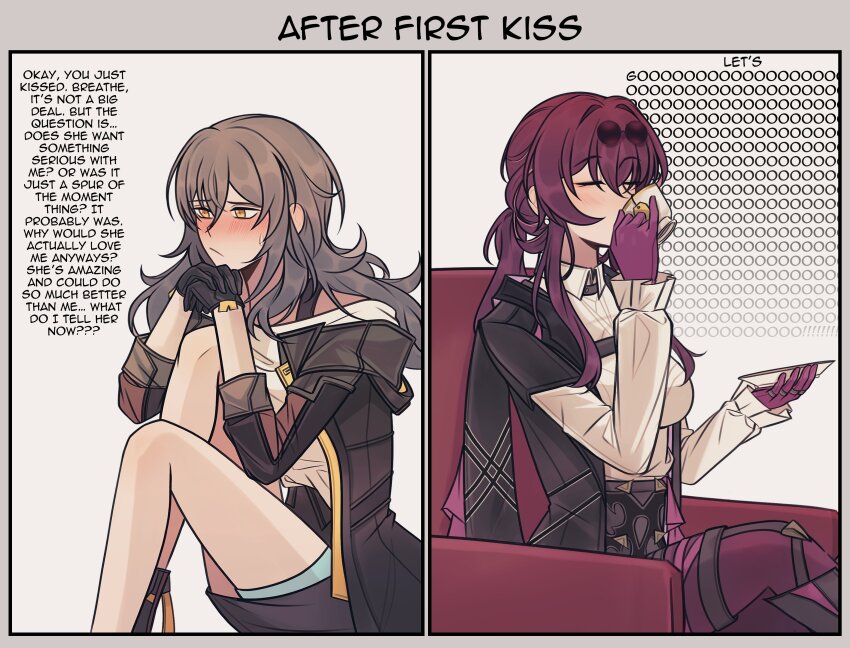 2girls, absurdres, after_first_kiss_(meme), birdburglar99, black_gloves, blush, breasts, chair, closed_eyes, closed_mouth, cup, drinking, english_text, eyewear_on_head, gloves, highres, holding, holding_cup, honkai:_star_rail, honkai_(series), kafka_(honkai:_star_rail), long_hair, meme, multiple_girls, on_chair, purple_gloves, sitting, stelle_(honkai:_star_rail), trailblazer_(honkai:_star_rail)
