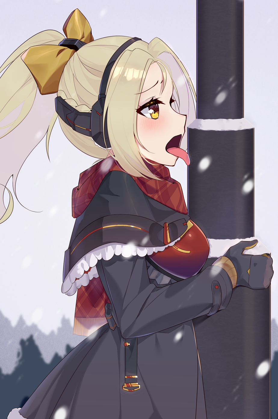 blonde_hair, ddt_(darktrident), dress, gloves, highres, long_hair, open_mouth, ponytail