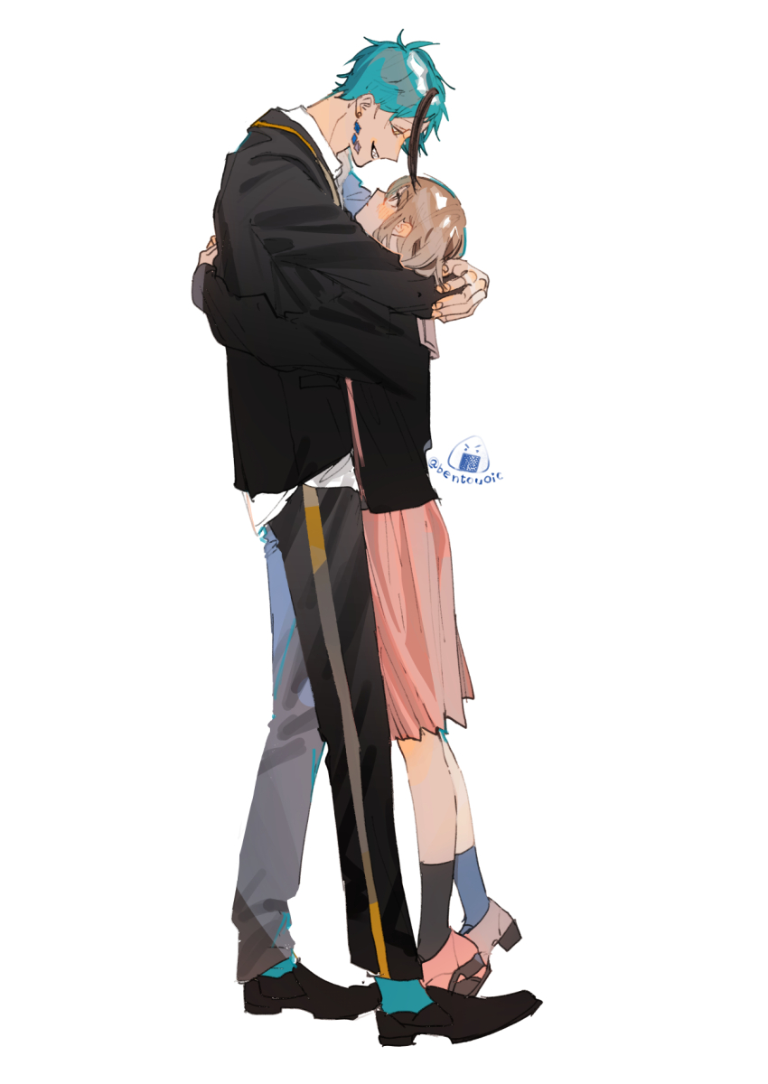 1boy, 1girl, bentouoic, blue_hair, blush, brown_hair, commentary_request, eye_contact, floyd_leech, full_body, hetero, highres, hug, looking_at_another, mutual_hug, night_raven_college_school_uniform, school_uniform, short_hair, simple_background, skirt, tiptoes, twisted_wonderland, white_background, yuu_(twisted_wonderland)
