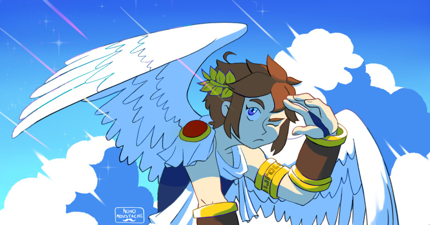 1boy, ahoge, angel, angel_wings, artist_logo, blue_eyes, blue_sky, brown_hair