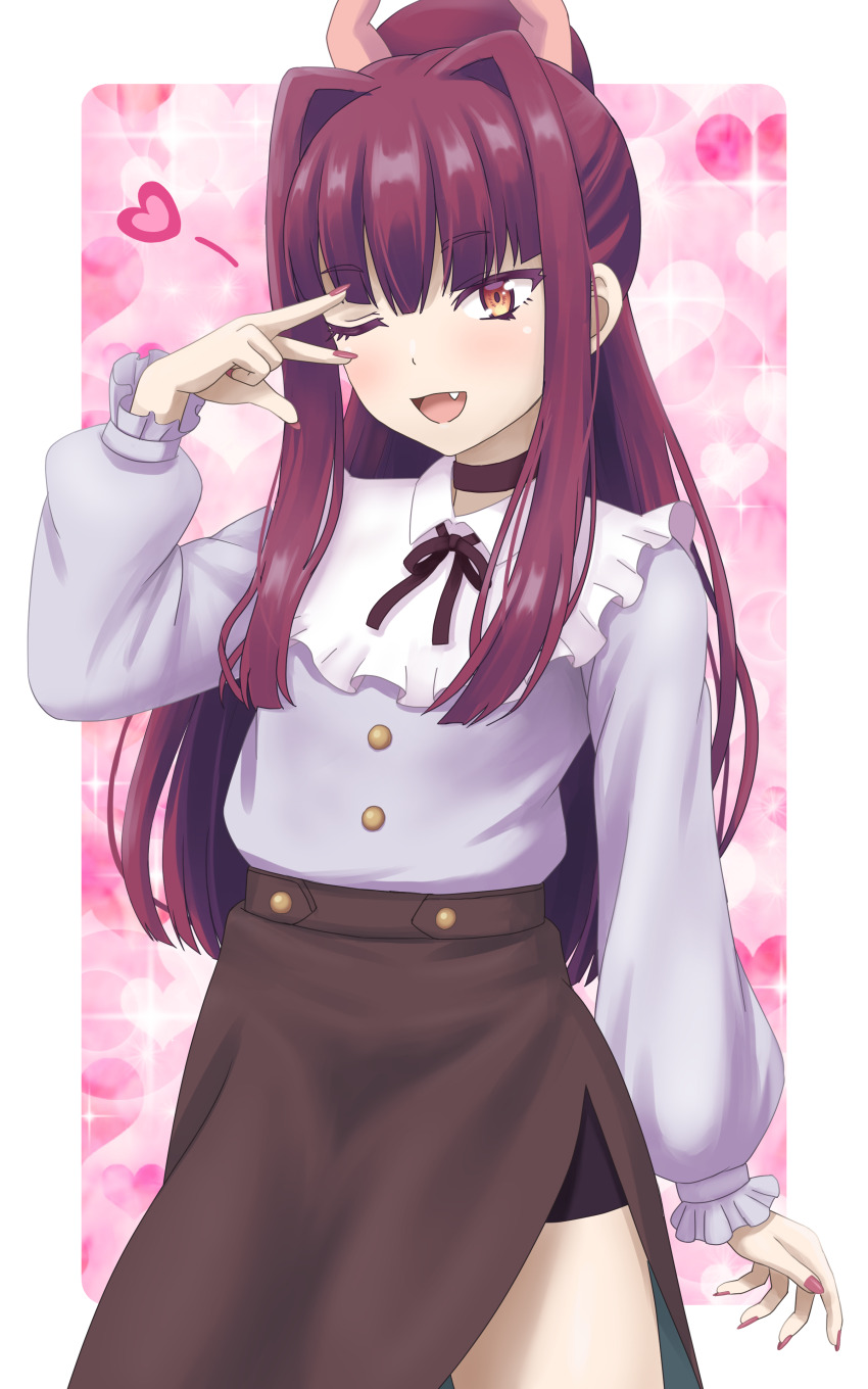 1girl, ;d, absurdres, black_choker, black_skirt, choker, fang, funoki