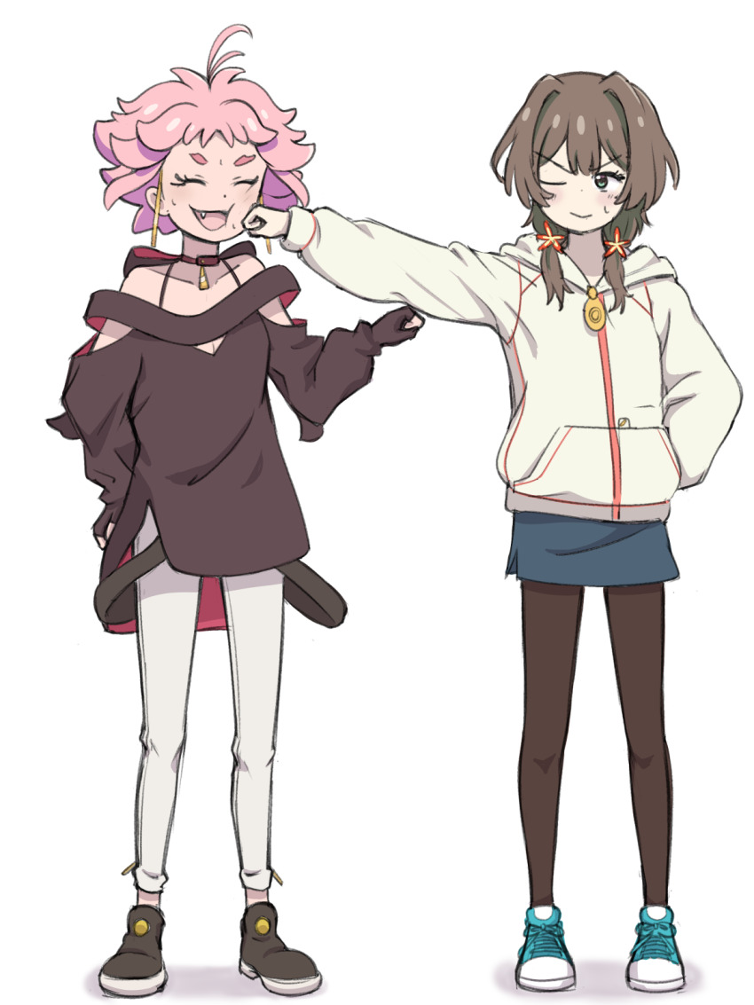 2girls, ahoge, black_footwear, black_pantyhose, black_shirt, blue_footwear, blue_shorts, breasts