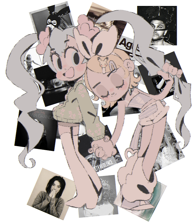 2girls, ariana_grande, beauty_behind_the_madness, belt, bjork, blonde_hair, blue_eyes, blue_hair, blush, boots, bow, breasts, cartoonized, closed_eyes, copyright_request, dangerous_woman, flat_chest, flower, gen_1_pokemon, green_jacket, grey_belt, grey_tube_top, hair_behind_ear, hair_bow, hair_flower, hair_ornament, hairclip, hatsune_miku, holding_another's_hair, jacket, kagamine_rin, leaning_to_the_side, leg_warmers, like_a_virgin, long_hair, long_sleeves, looking_at_viewer, madonna_(singer), multiple_girls, nintendo, pikachu, pink_flower, pokemon, real_life, shoes, short_hair, short_shorts, shorts, small_breasts, smile, sneakers, strapless, the_weeknd, thigh_boots, tomi_(t4p10c4_), toon_(style), tube_top, twintails, ultraviolence_(lana_del_rey), very_long_hair, vocaloid, white_bow, white_leg_warmers, white_shorts, y2k_fashion, yours_truly