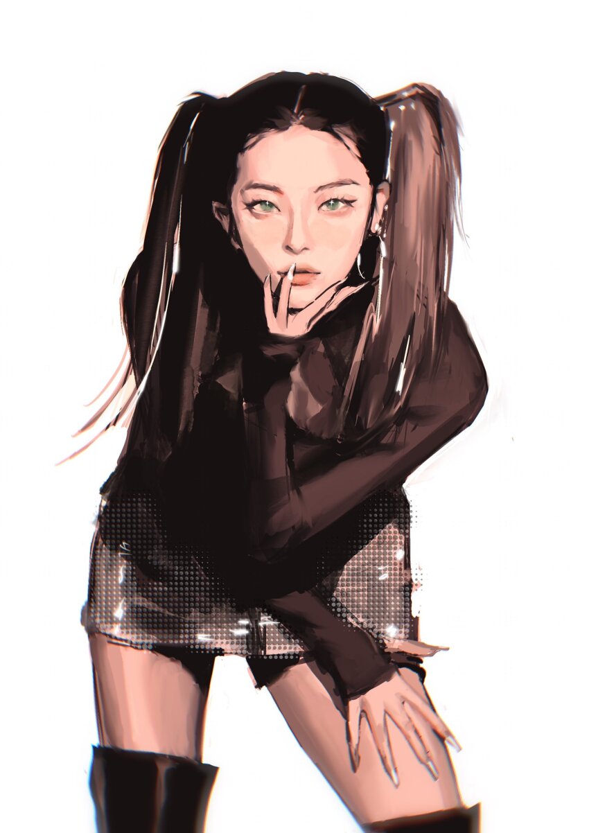 1girl, black_boots, black_hair, black_shirt, boots, commentary, dorcas1004, earrings