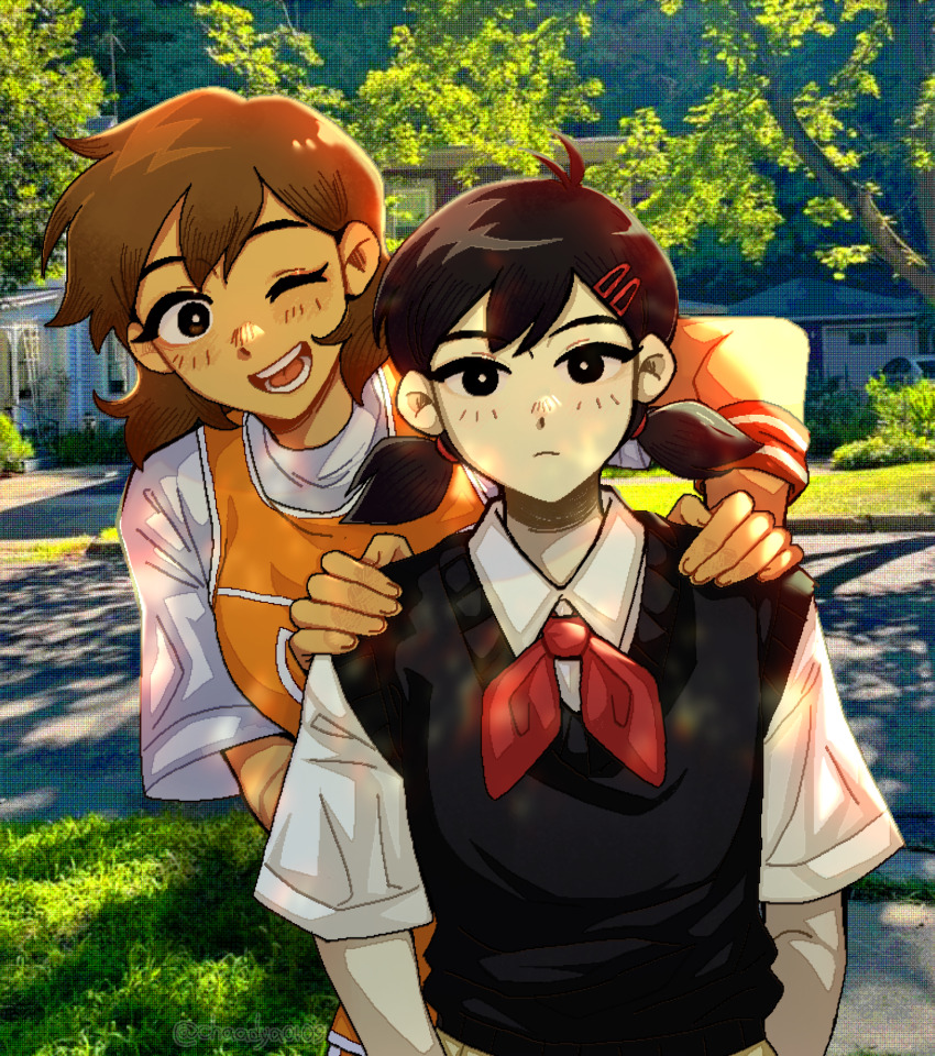 2girls, alternate_costume, black_eyes, black_hair, black_sweater_vest, blush, bright_pupils, brown_eyes, brown_hair, chaadya0109, closed_mouth, collared_shirt, dark-skinned_female, dark_skin, day, expressionless, genderswap, genderswap_(mtf), hair_ornament, hairclip, hands_on_another's_shoulders, highres, kel_(faraway)_(omori), kel_(omori), low_twintails, medium_hair, multiple_girls, neckerchief, omori, one_eye_closed, open_mouth, outdoors, photo_background, red_neckerchief, shirt, short_sleeves, short_twintails, sunny_(omori), sweater_vest, twintails, upper_body, white_pupils, white_shirt