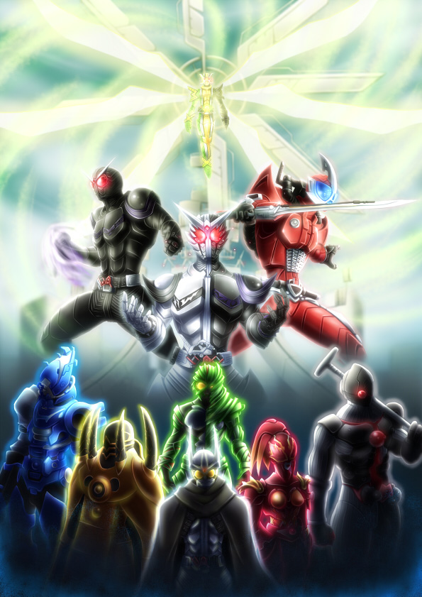 1girl, 6+boys, algorithm9000, cyclone_dopant, glowing, glowing_eyes, heat_dopant, irisu_haniwa, kamen_rider, kamen_rider_accel, kamen_rider_double, kamen_rider_double_(cyclonejokergoldxtreme), kamen_rider_double_(cyclonejokerxtreme), kamen_rider_double_(fangjoker), kamen_rider_eternal, kamen_rider_joker, kamen_rider_w, kamen_rider_w_forever:_a_to_z/the_gaia_memories_of_fate, luna_dopant, metal_dopant, monster, multiple_boys, trigger_dopant