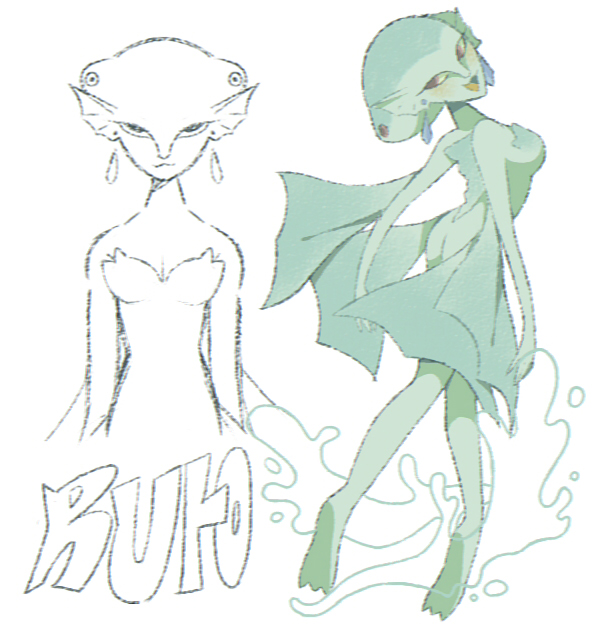 1girl, ass, barefoot, breasts, brown_eyes, cartoonized, character_name, cleavage, dress, earrings, floating, jewelry, looking_to_the_side, multiple_views, nintendo, open_mouth, princess_ruto, simple_background, smile, soles, straight-on, the_legend_of_zelda, the_legend_of_zelda:_ocarina_of_time, tomi_(t4p10c4_), toon_(style), water, white_background, zora