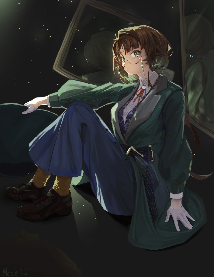 1girl, absurdres, arm_on_knee, arm_support, backlighting, black_background, black_skirt, bow, brown_footwear, brown_hair, collared_shirt, dark, eyewear_strap, from_side, full_body, glasses, gloves, green_eyes, green_hat, green_jacket, hair_bow, hat, highres, holding, holding_unworn_clothes, holding_unworn_hat, jacket, kakania_(reverse:1999), knees_up, light_particles, long_hair, long_skirt, long_sleeves, looking_at_viewer, low_ponytail, motlekai, neck_ribbon, on_ground, orange_socks, parted_lips, ponytail, puffy_long_sleeves, puffy_sleeves, red_ribbon, reverse:1999, ribbon, round_eyewear, shirt, sitting, skirt, socks, solo, unworn_hat, unworn_headwear, white_gloves, white_shirt, yellow_bow