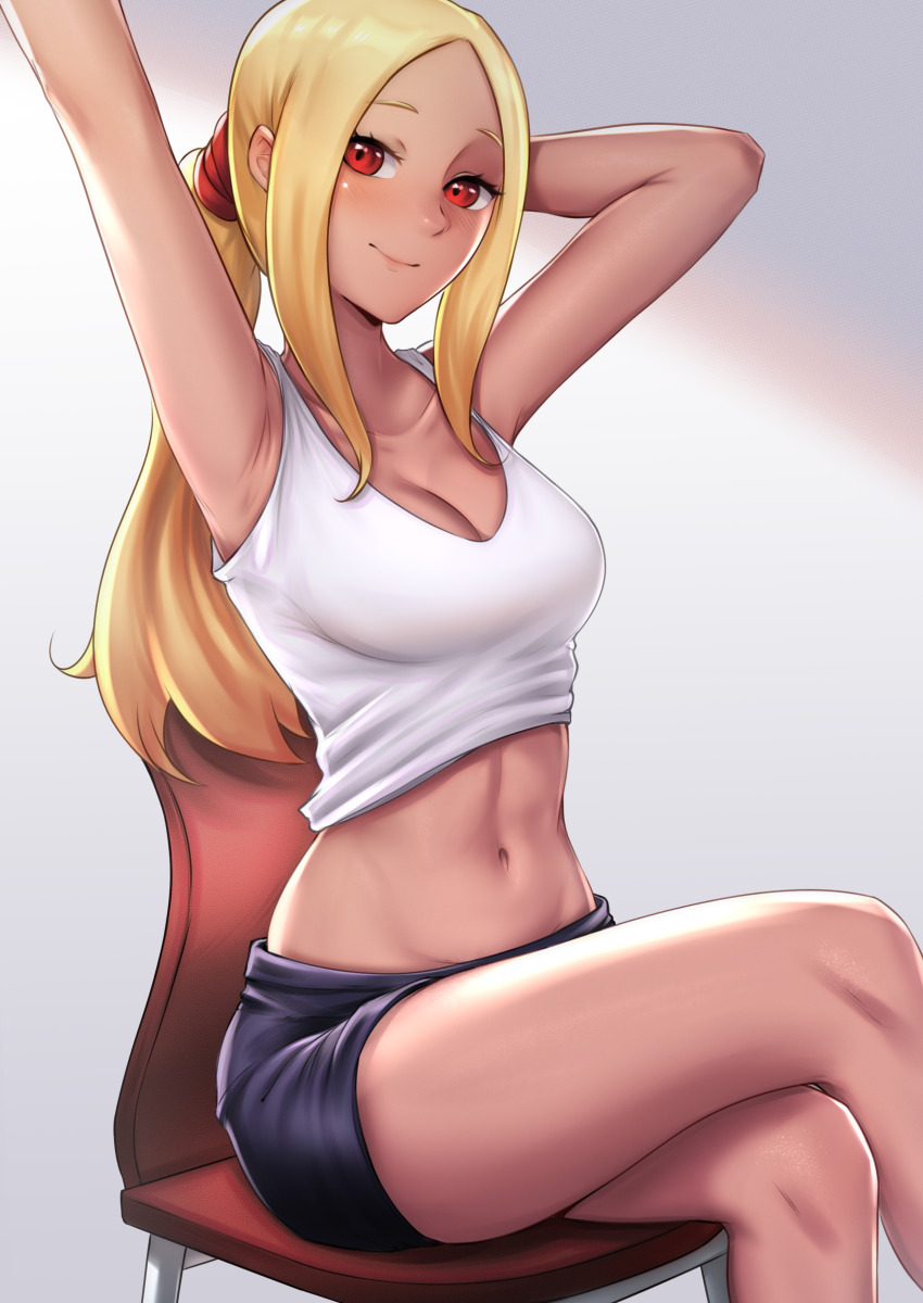1girl, absurdres, arm_behind_head, arm_up, armpits, black_shorts, blonde_hair, breasts
