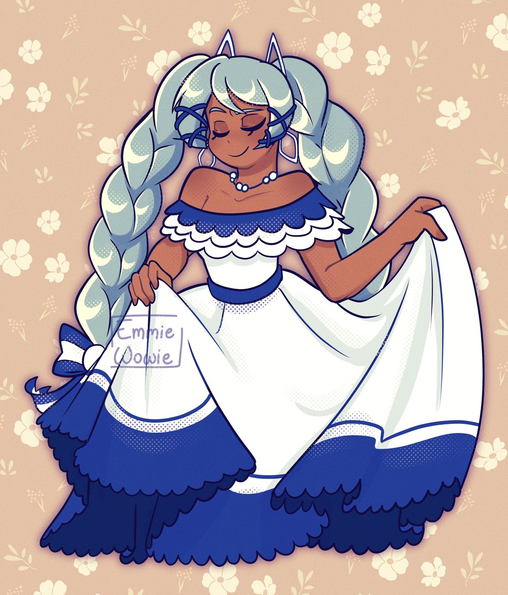 1girl, alternate_skin_color, aqua_hair, artist_name, blue_dress, braid, dark-skinned_female, dark_skin, dress, el_salvador, emmiewowie, floral_background, halftone, hatsune_miku, highres, jewelry, long_hair, multicolored_dress, necklace, off-shoulder_dress, off_shoulder, rectangular_earrings, solo, twin_braids, very_long_hair, vocaloid, white_dress, worldwide_miku