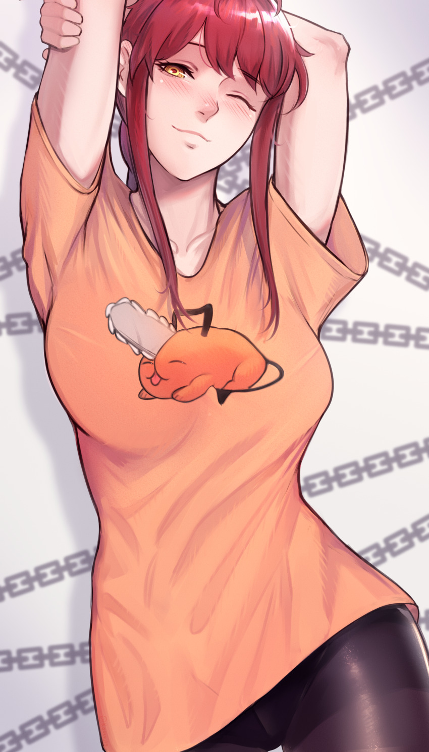 1girl, absurdres, arms_up, black_pantyhose, blush, breasts, chainsaw_man, closed_mouth