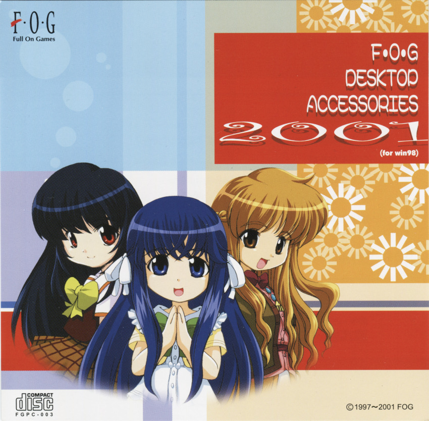 1997, 2001, 3girls, abstract_background, absurdres, artist_request, black_hair, blonde_hair