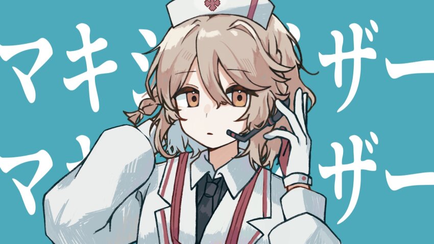 1girl, blonde_hair, blue_background, braid, closed_mouth, coat, double-parted_bangs, gloves, hair_between_eyes, hands_up, hat, highres, long_sleeves, marshall_maximizer_(cevio), nao_(nao_62_), nurse, nurse_cap, nurse_robot_type_t, nurse_robot_type_t_(sugar), orange_eyes, red_gloves, short_hair, side_braids, solo, two-tone_gloves, utau, white_coat, white_gloves, white_hat