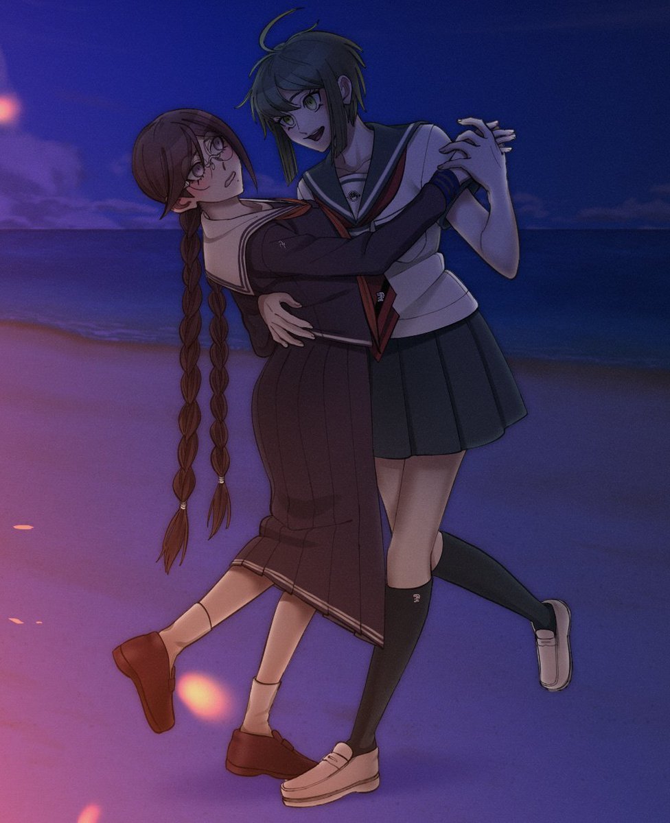 2girls, beach, braid, dancing, danganronpa_(series), danganronpa_another_episode:_ultra_despair_girls, fukawa_toko, full_body