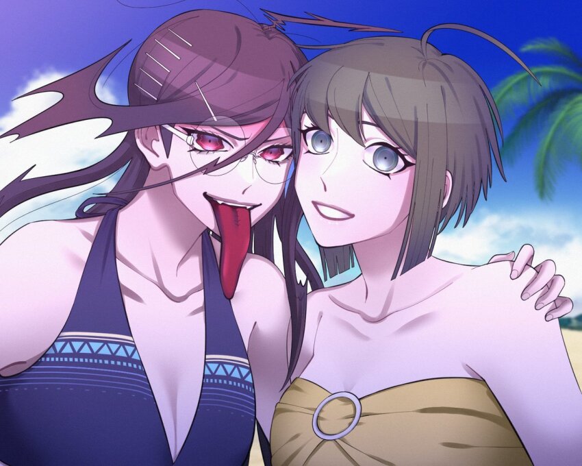 2girls, beach, bikini, blue_eyes, breasts, brown_hair, cleavage, collarbone