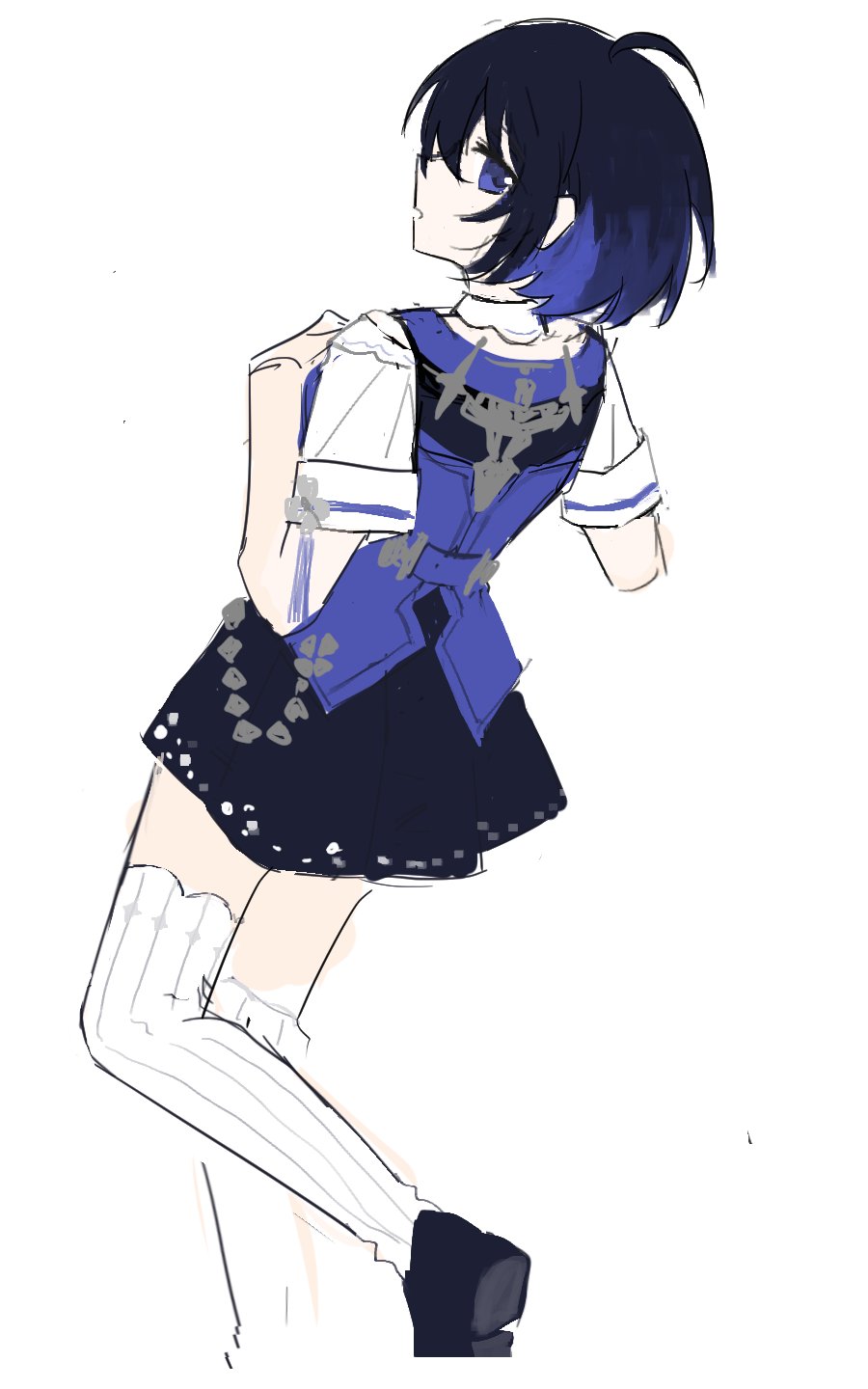 1girl, at_tart, black_hair, black_shoes, black_skirt, blue_eyes, blue_hair, blue_vest