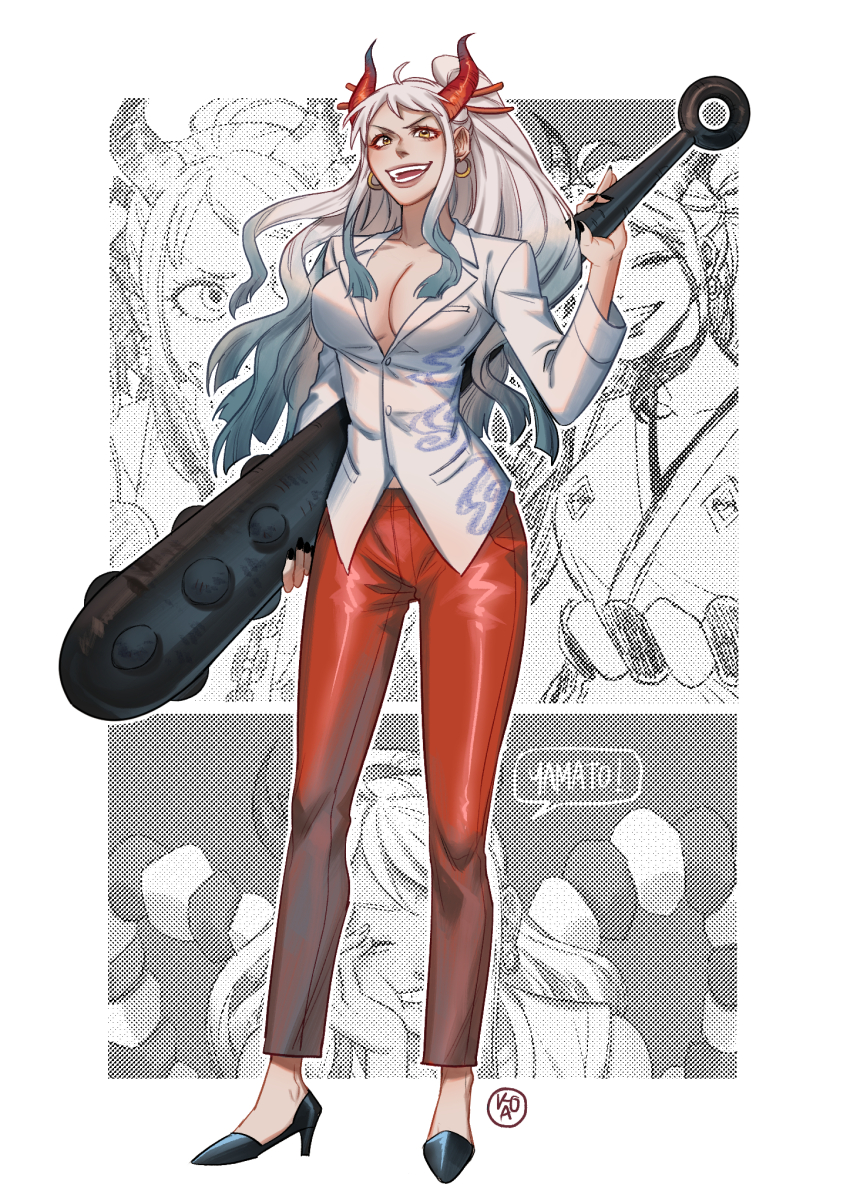 1girl, alternate_costume, black_nails, character_name, club, club_(weapon), commentary, curled_horns