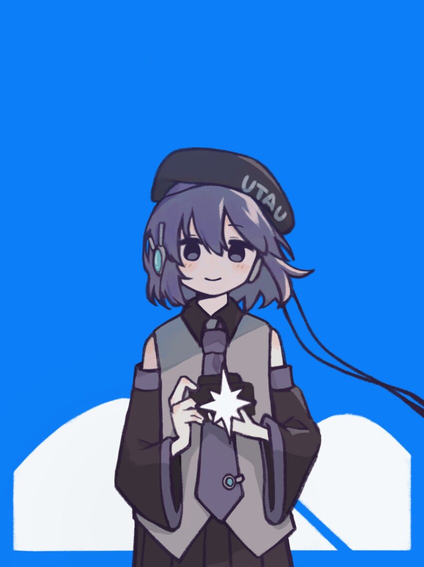 1girl, beret, black_hat, black_skirt, black_sleeves, camera, closed_mouth, clothes_writing