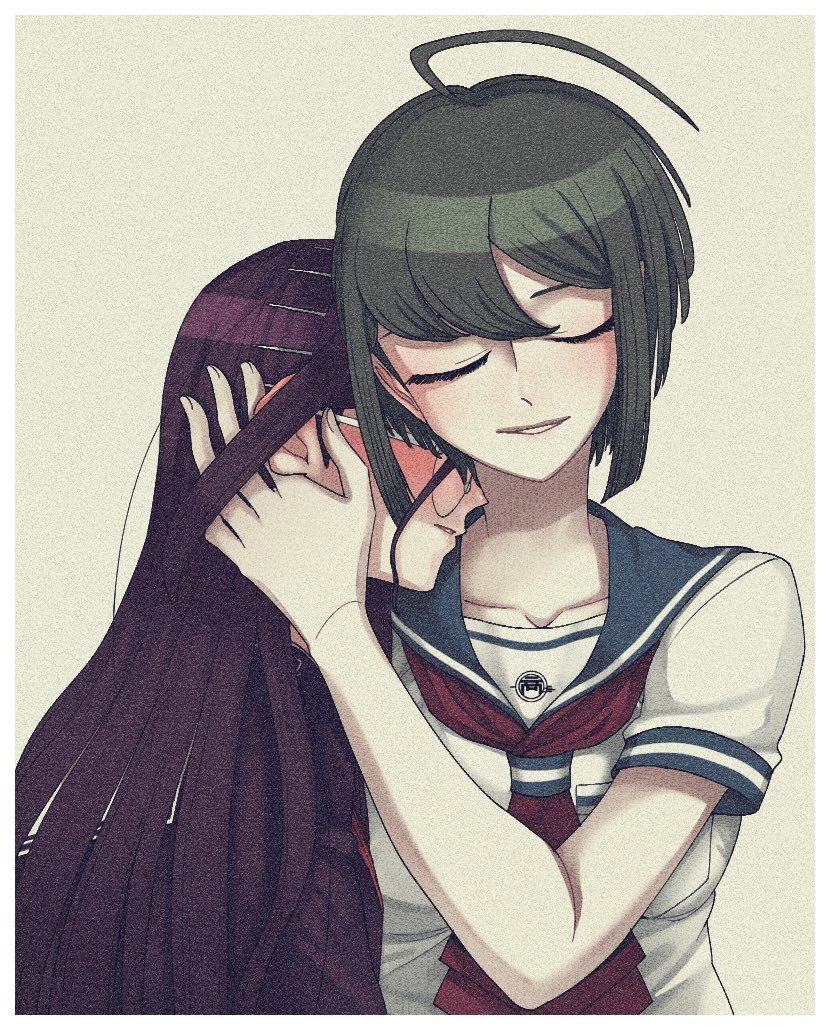 2girls, ahoge, blush, closed_eyes, collarbone, danganronpa_(series), danganronpa_another_episode:_ultra_despair_girls, eyelashes