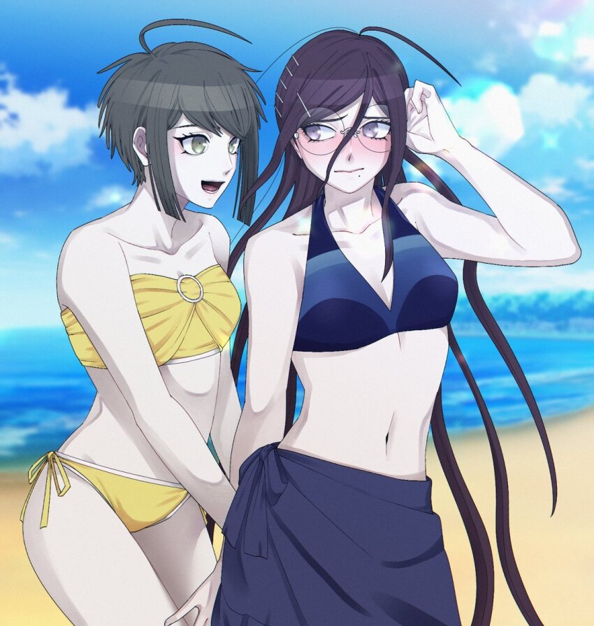 2girls, ahoge, beach, bikini, blue_bikini, blue_sky, blush, closed_mouth