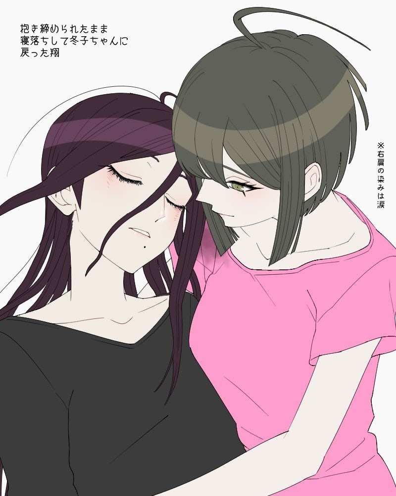 2girls, ahoge, black_shirt, blush, closed_eyes, collarbone, danganronpa_(series), danganronpa_another_episode:_ultra_despair_girls